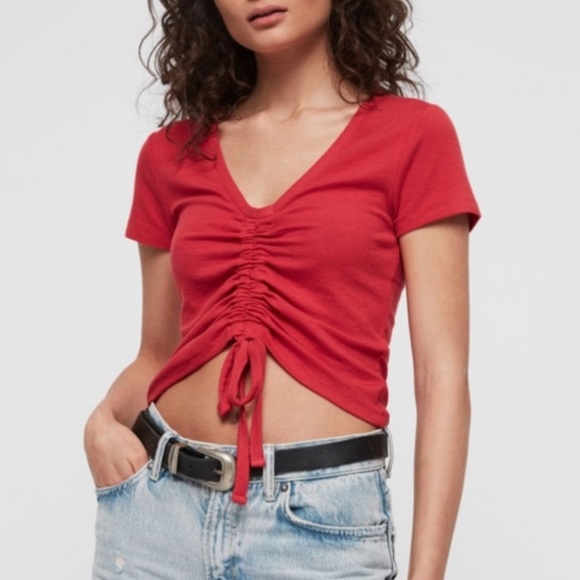 ALL SAINTS Rina Ruched Drawcord Top in Red Size XS - Picture 1 of 14
